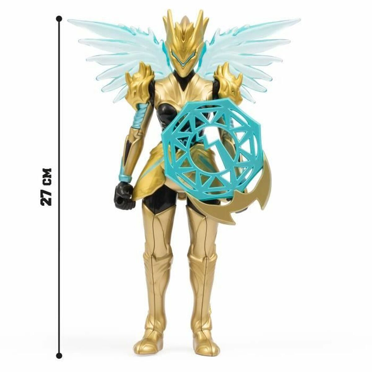 Eine goldene Krieger-Spielzeugfigur mit Flügeln und einem Schild. Sie ist 27 cm groß. Die Figur hat ein Gold- und Schwarz-Outfit.