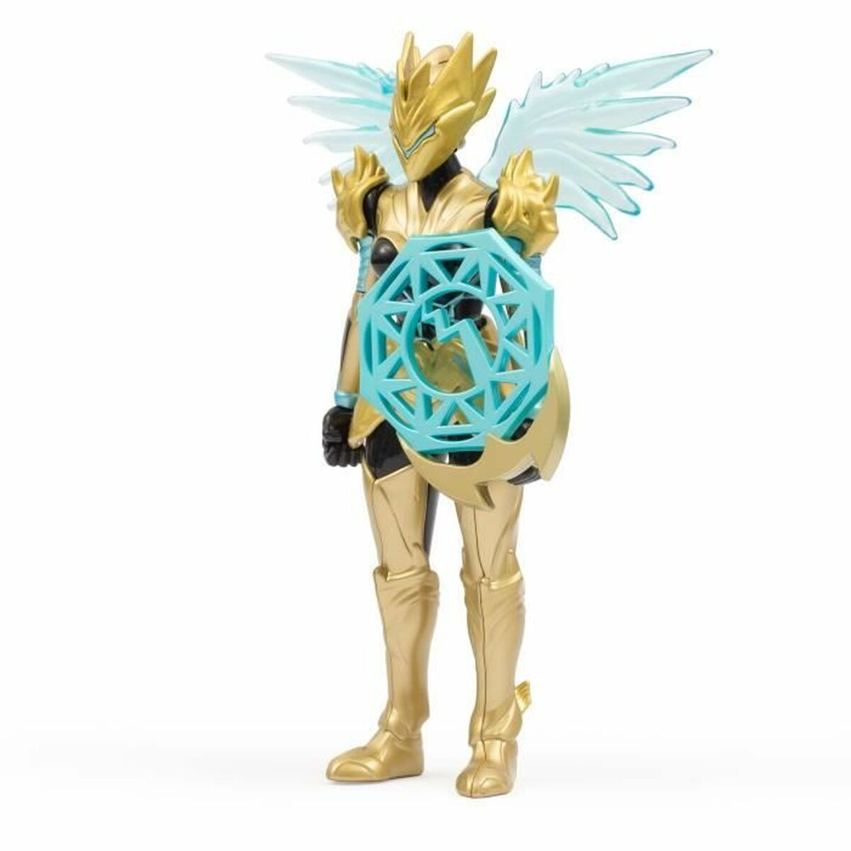 Eine goldene Krieger-Actionfigur mit Flügeln und einem Schild. Sie steht und hat ein Gold- und Schwarz-Outfit. Die Figur steht auf Weiß.