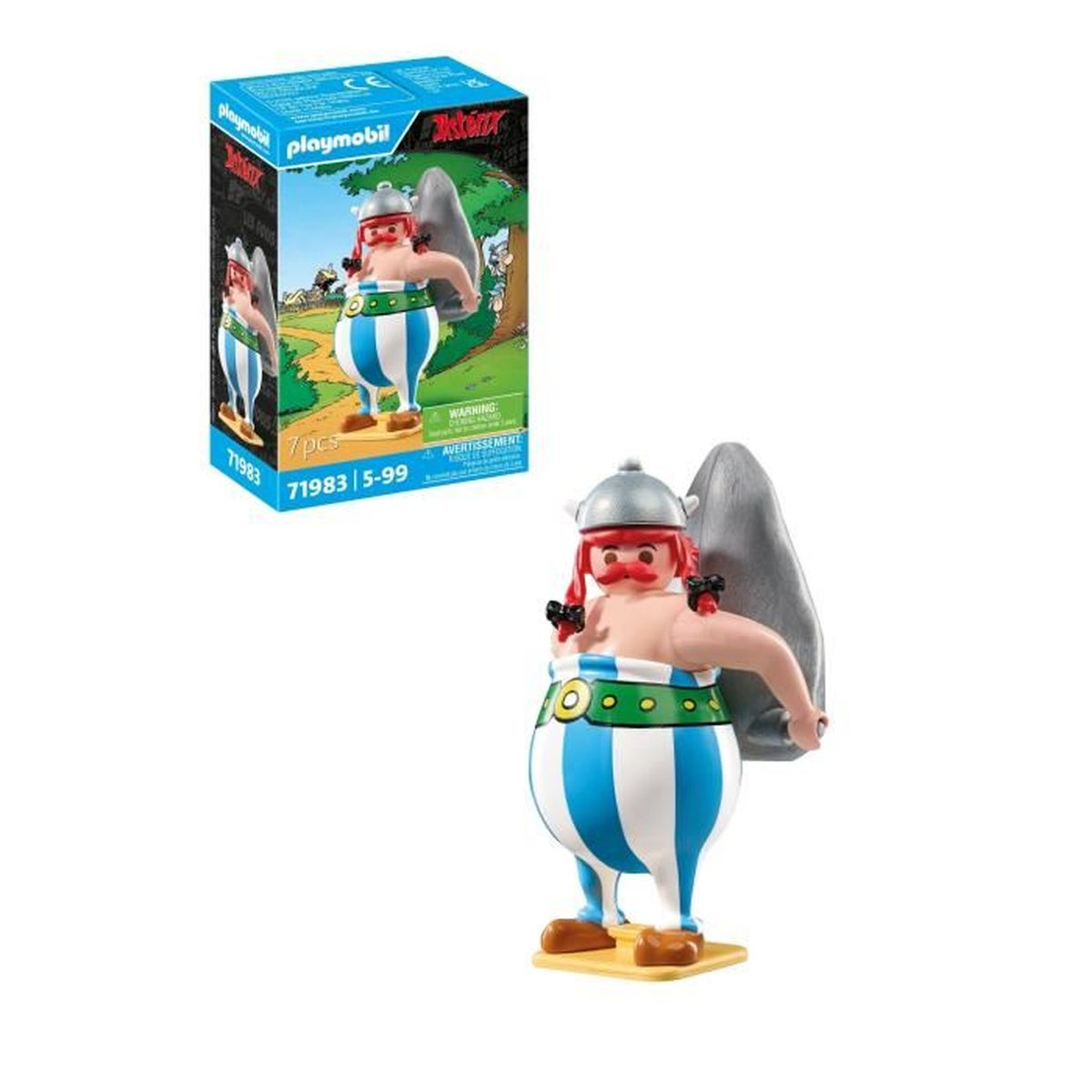 Zestaw w pudełku Playmobil przedstawia Asteriksa. Przed pudełkiem znajduje się figurka Playmobil Asteriksa trzymająca tarczę.