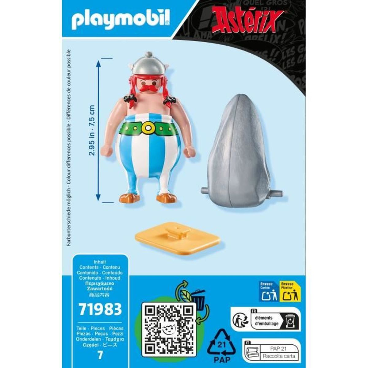 Zestaw Playmobil z figurką Asteriksa, tarczą i żółtą podstawką. Zawiera opakowanie z ostrzeżeniami.