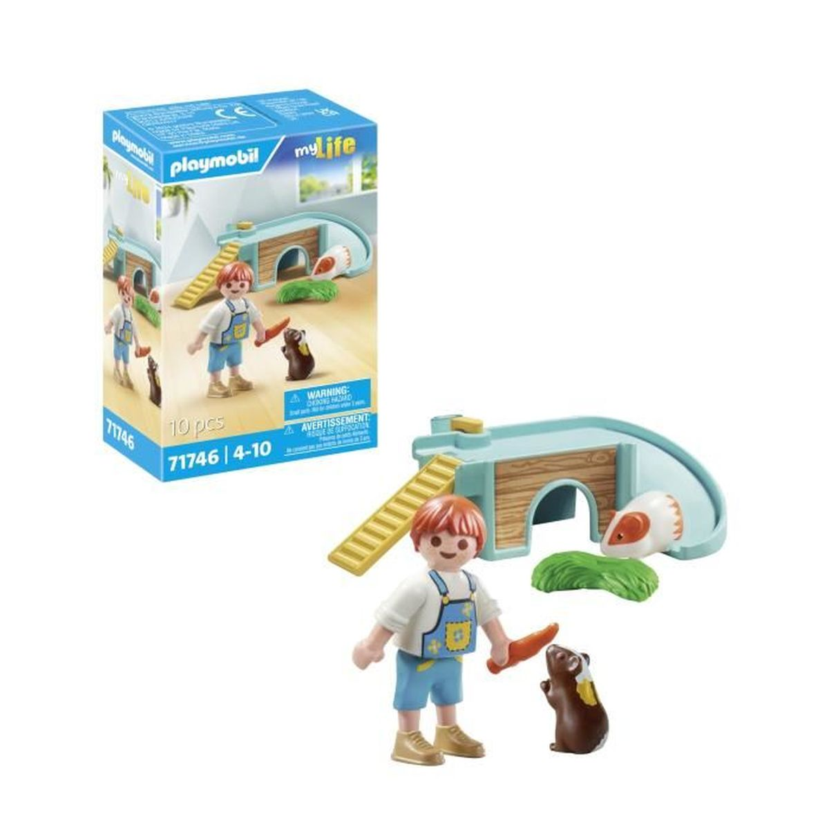 Zestaw Playmobil z chłopcem, świnką morską, marchewką i klatką. Pudełko przedstawia zestaw.