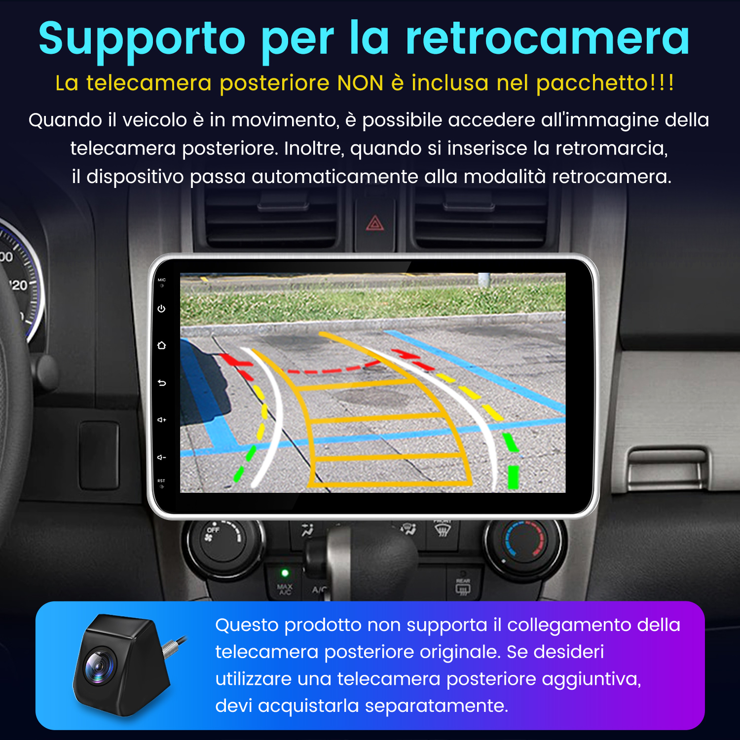 Cruscotto auto con schermo che mostra la vista della telecamera posteriore. Testo in italiano sul sistema telecamera.