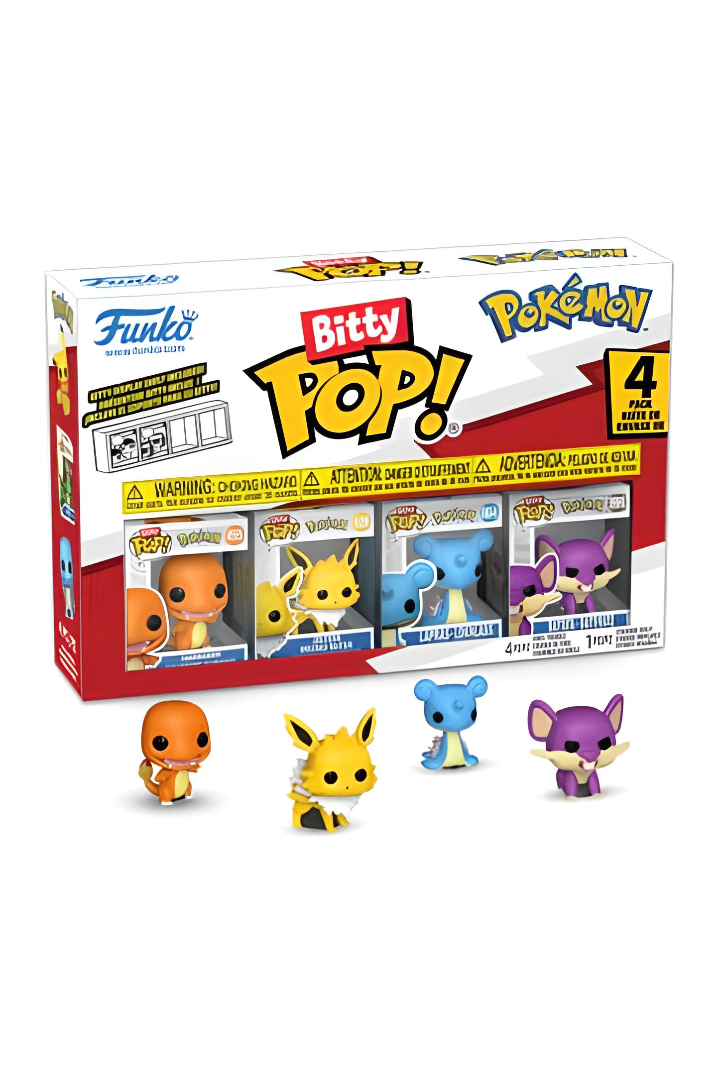 Bitty Pop! Pokémon Figuren in einer Box. Enthält Charmander, Evoli, Lapras und Gengar. Kleine Spielfiguren.