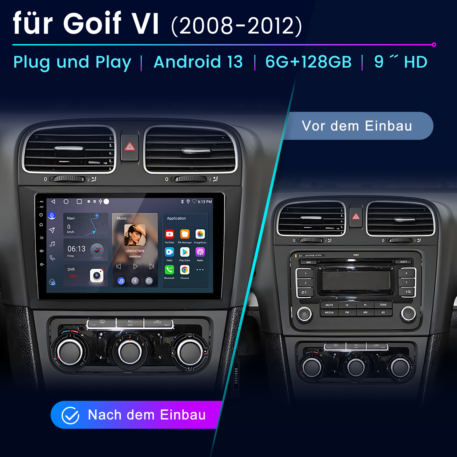 Cruscotto auto con touchscreen. Mostra navigazione e applicazioni multimediali. Interni auto prima/dopo.