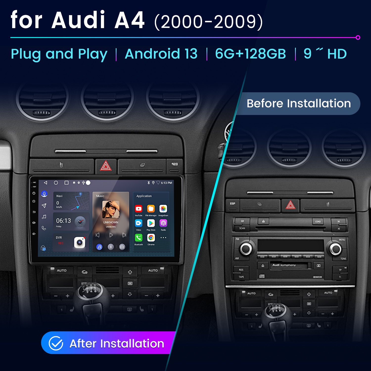 Confronto dell'installazione dell'autoradio per Audi A4 (2000-2009). Viene mostrata l'installazione prima e dopo.