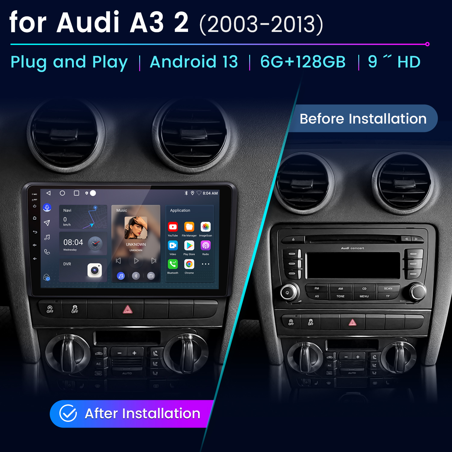 Confronto dell'installazione dell'autoradio per Audi A3 (2003-2013). Viene mostrata l'installazione prima e dopo.