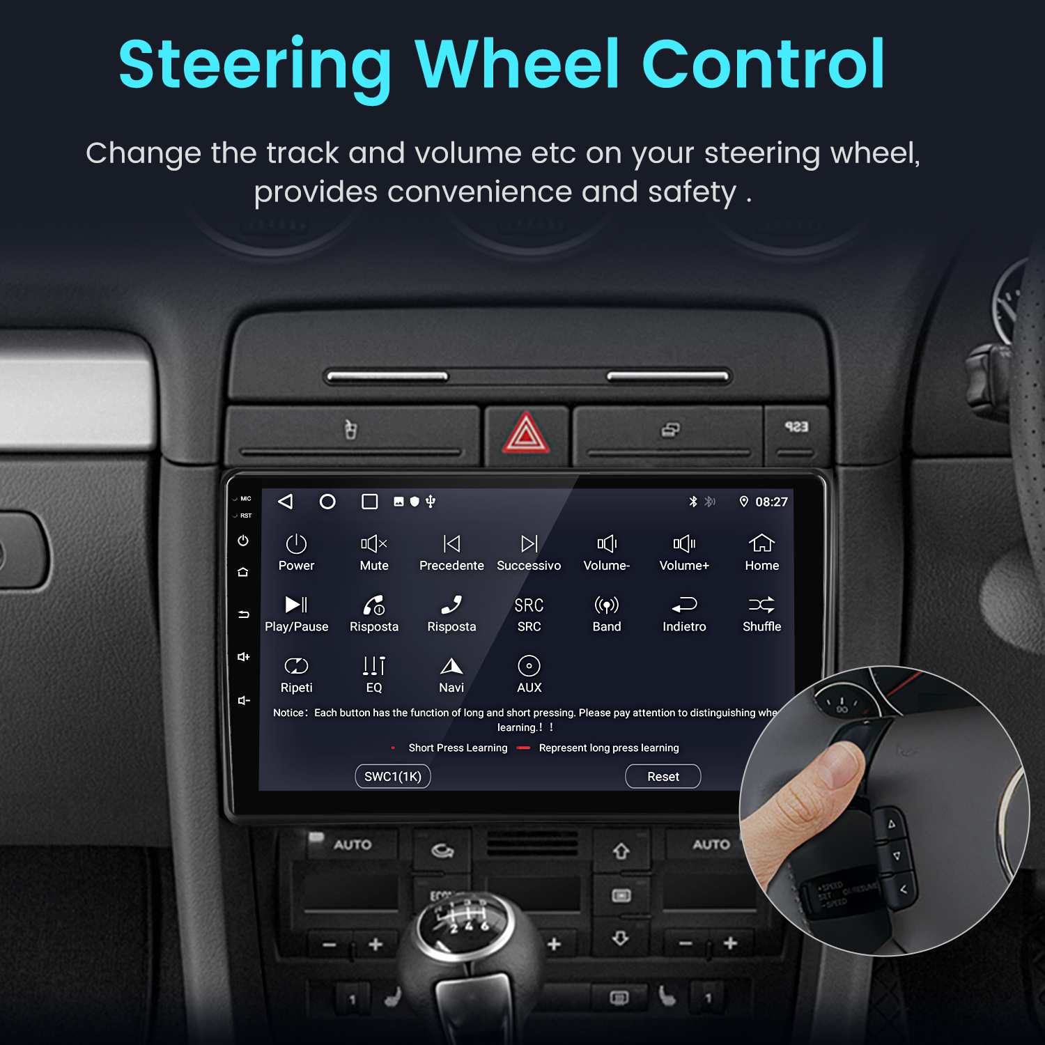 Cruscotto auto con touchscreen, mostra opzioni controllo volante. Controlli audio e sistema veicolo.