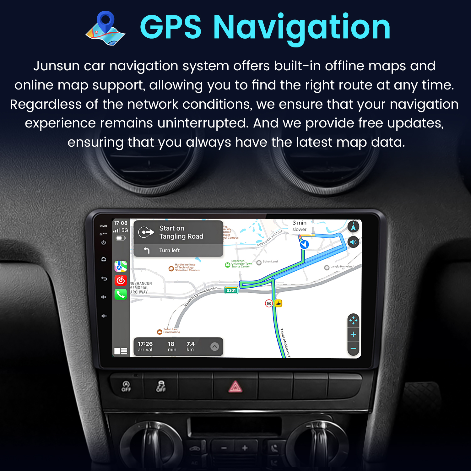 Cruscotto auto con schermo di navigazione GPS che mostra una mappa. Lo schermo mostra direzioni e informazioni di guida.