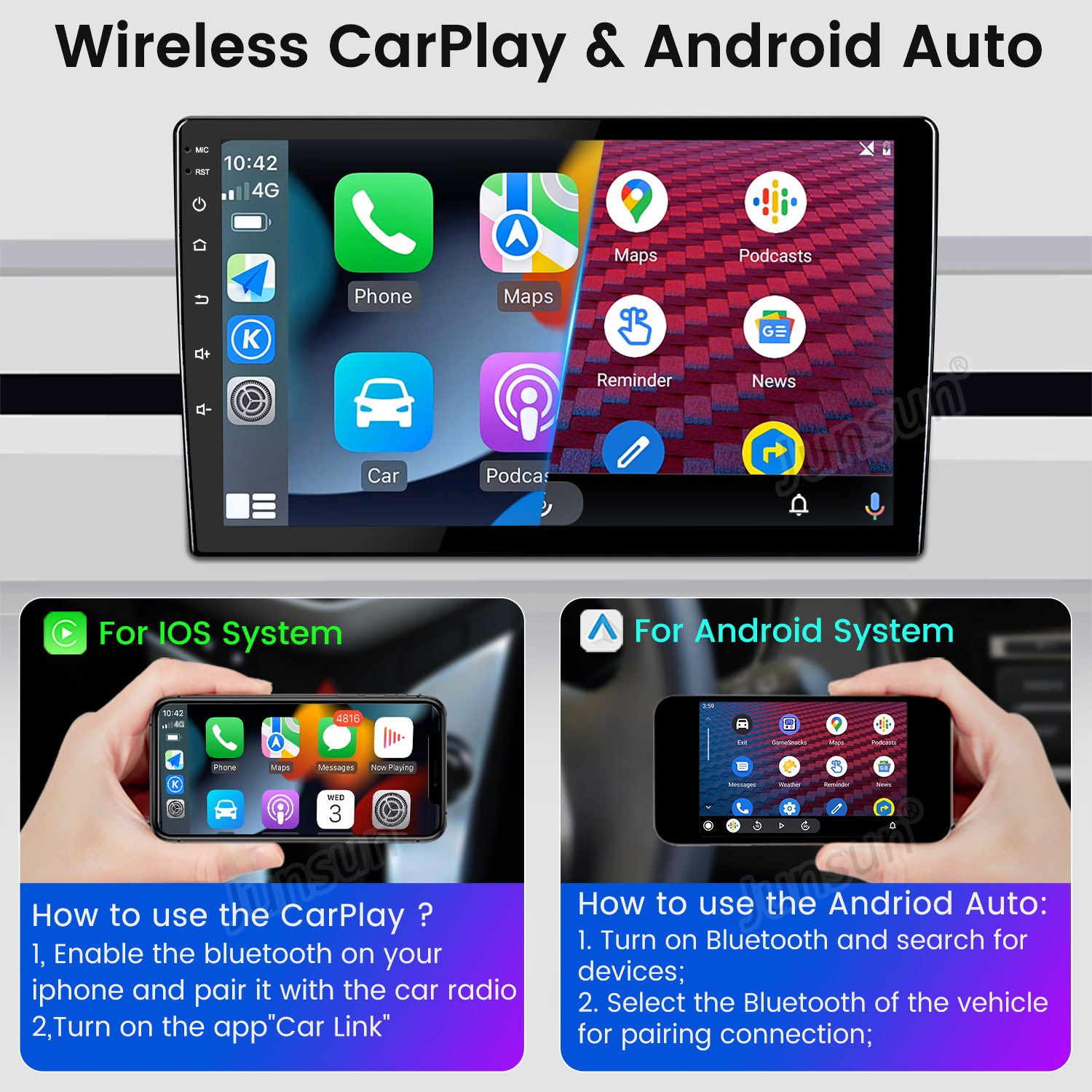 Una pantalla de estéreo de coche muestra aplicaciones en la pantalla, con un teléfono y una mano sosteniendo un teléfono abajo.