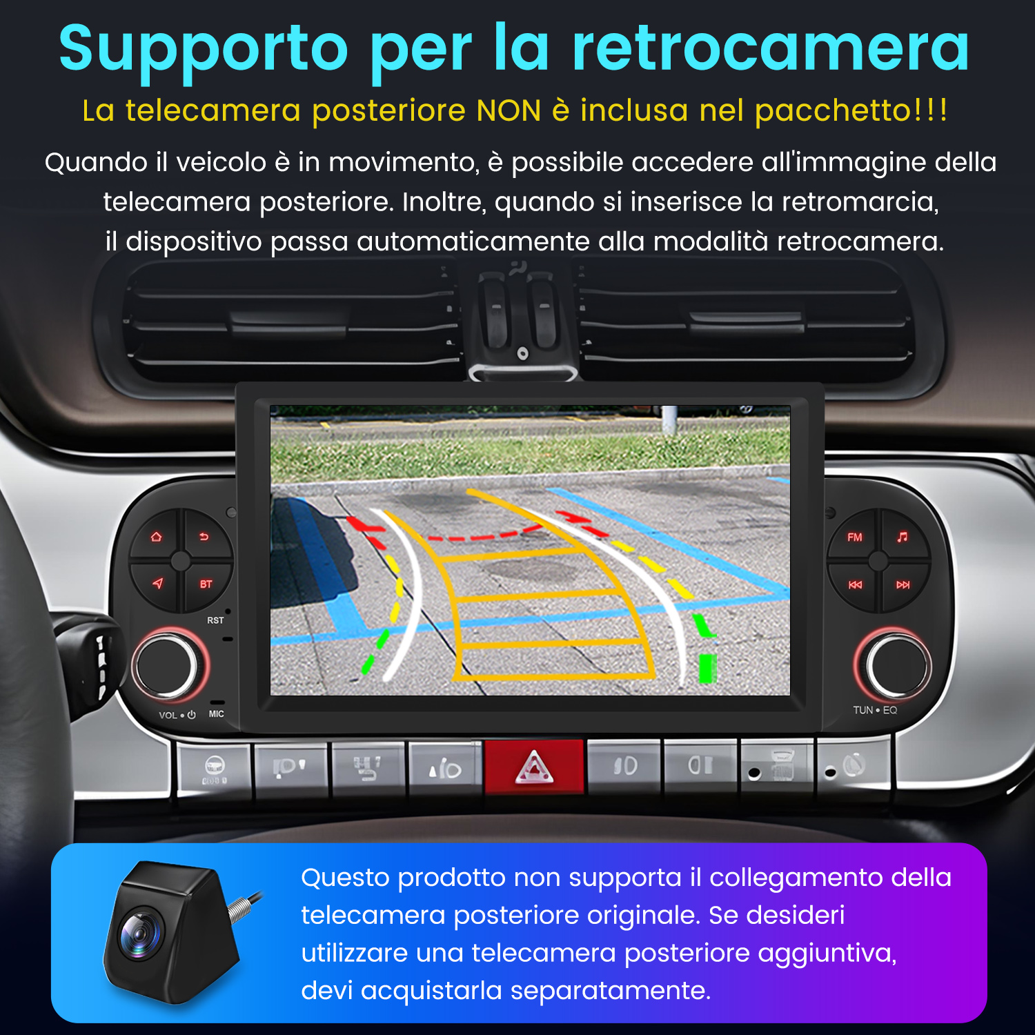 Cruscotto auto con display della telecamera posteriore. Mostra l'area di parcheggio con linee guida.