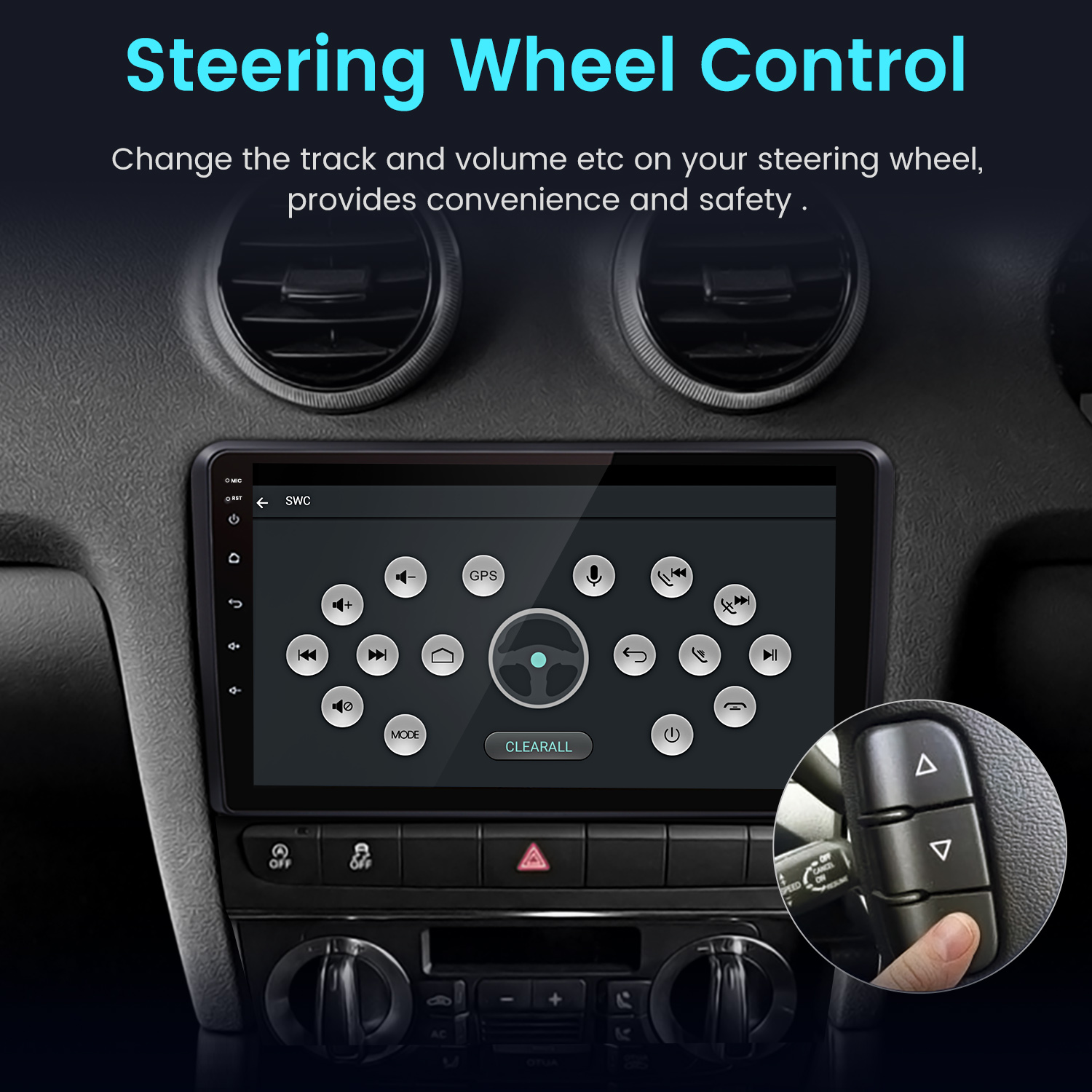 Cruscotto auto con touchscreen che mostra i comandi del volante e un primo piano dei comandi.