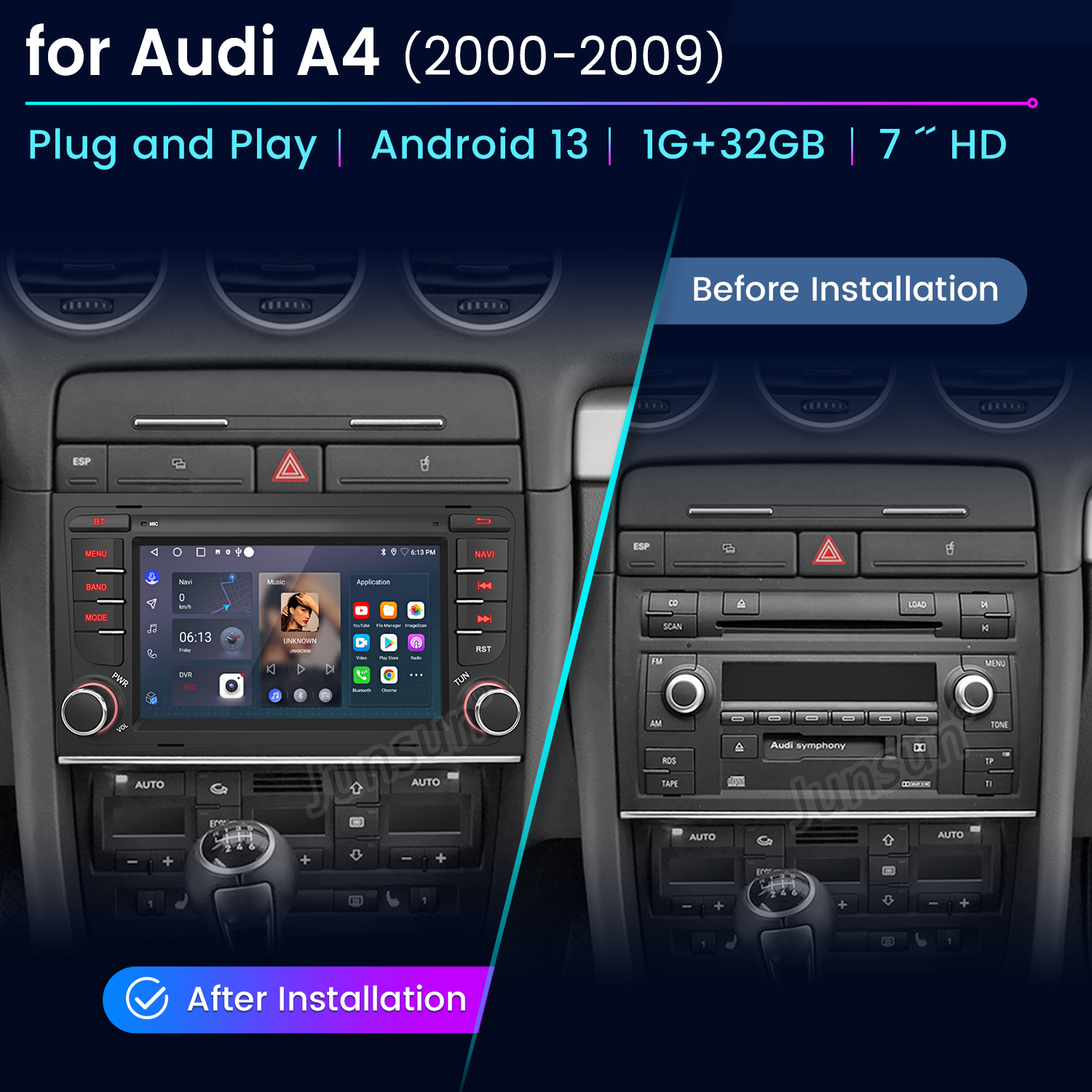 Confronto dell'installazione dell'autoradio, che mostra la vecchia autoradio e la nuova installata in un'Audi A4 (2000-2009).