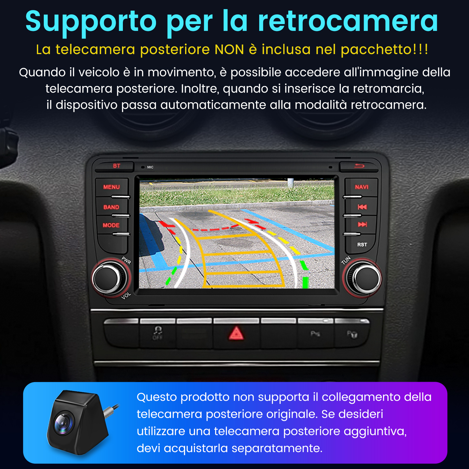 Cruscotto auto con display della telecamera posteriore con schermo che mostra l'area di parcheggio.