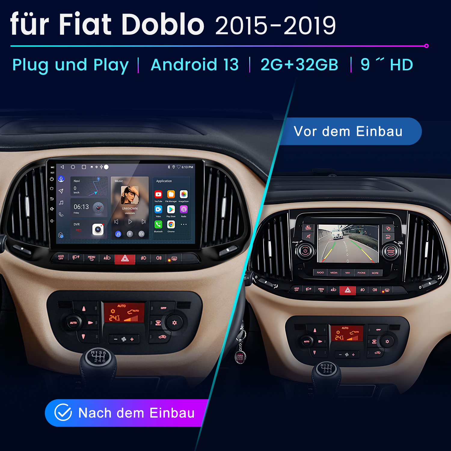 Immagine che mostra gli schermi del cruscotto dell'auto prima e dopo l'installazione di Android 13.