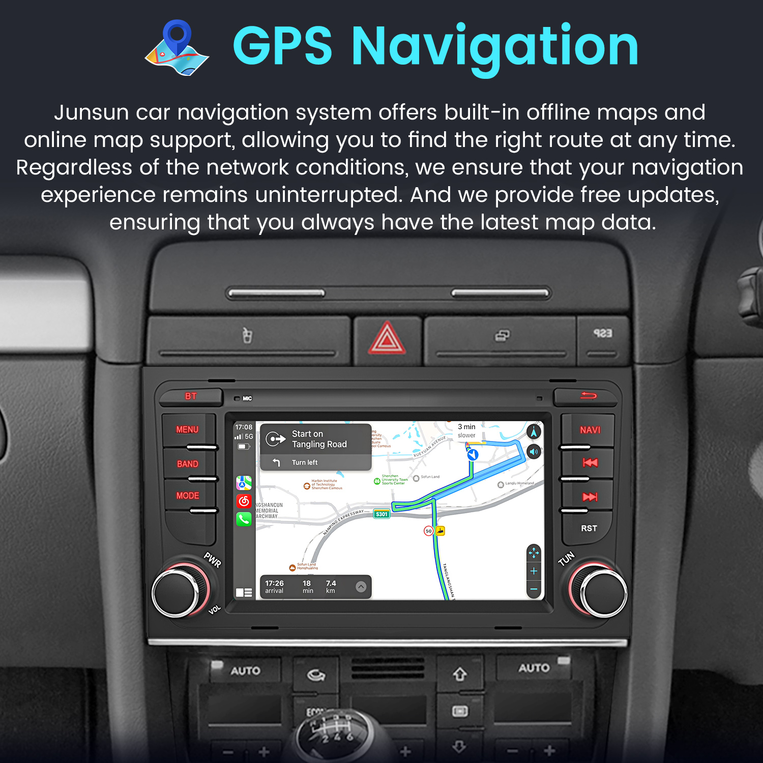 Cruscotto auto con touchscreen che mostra una mappa di navigazione. Lo schermo è in un telaio nero.