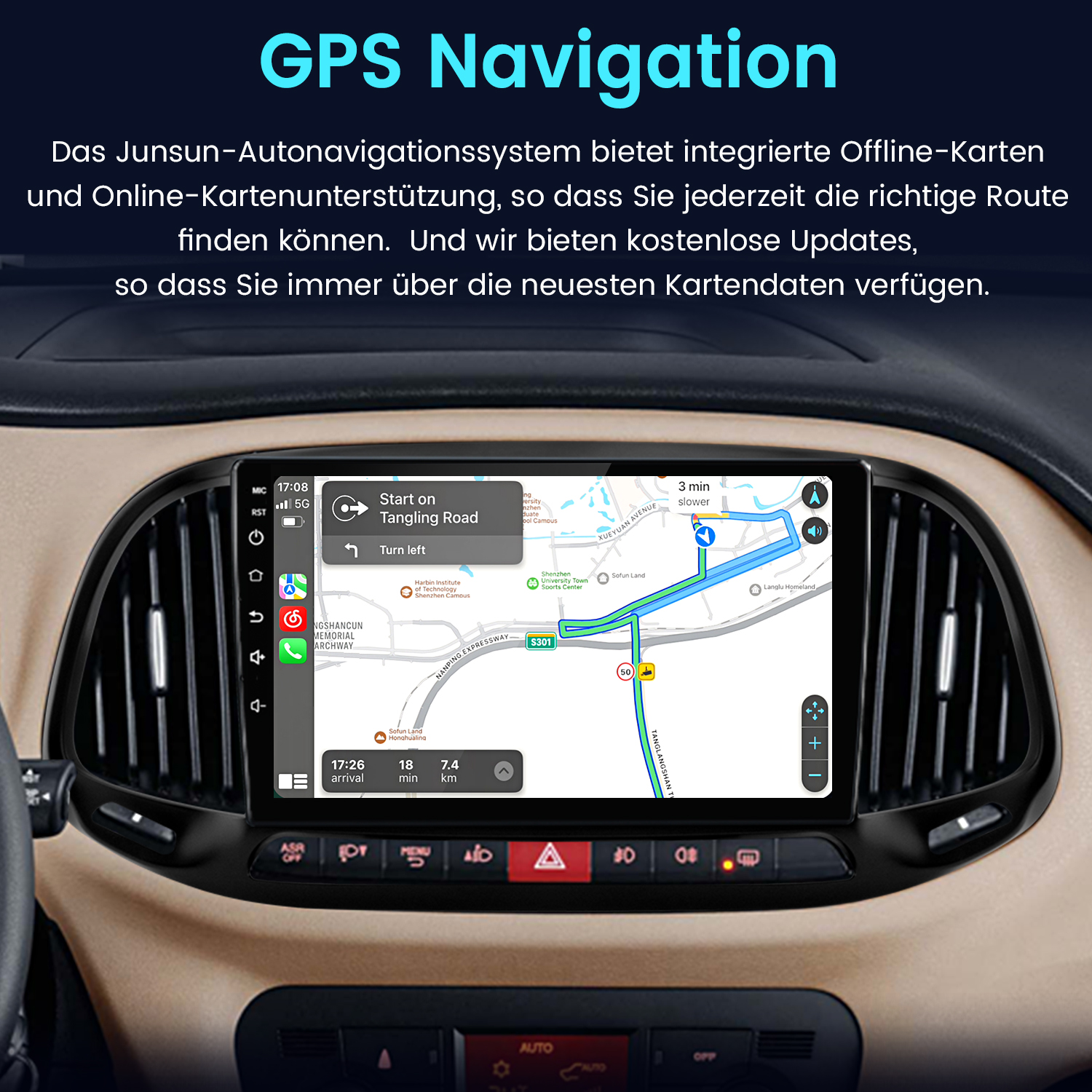 Cruscotto auto con schermo di navigazione GPS che mostra una mappa. Lo schermo mostra direzioni e informazioni di guida.