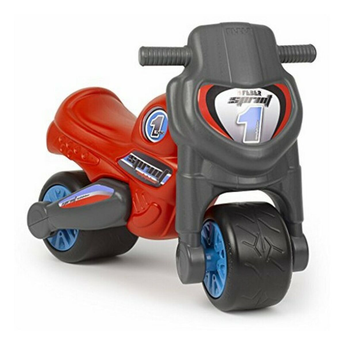 Una moto giocattolo rossa e grigia con il numero 1 e ruote blu.