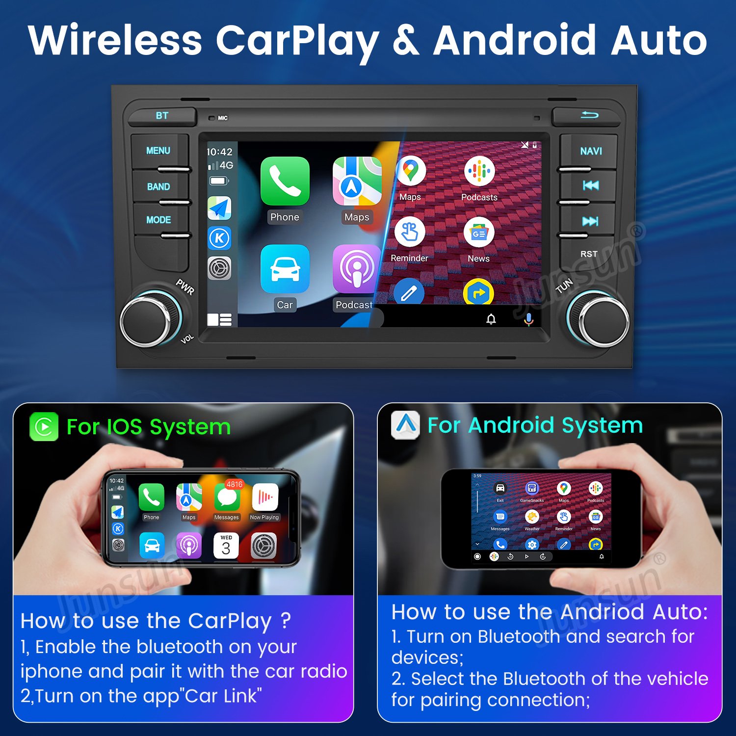 Autoradio con schermo centrale che mostra icone di app e due schermi più piccoli, uno con interfaccia telefonica.