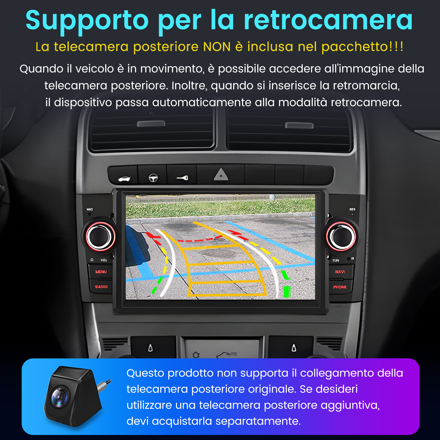 Schermo autoradio che mostra la vista della telecamera di retromarcia con testo in italiano.