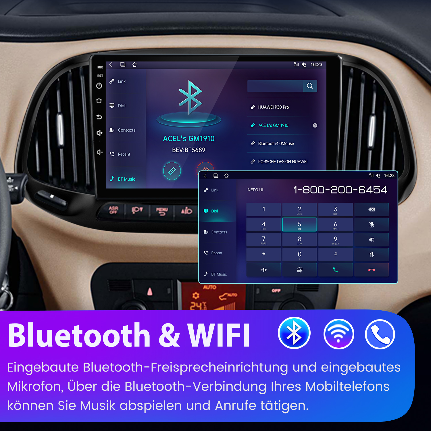 Schermo autoradio che mostra le opzioni Bluetooth e WiFi e una tastiera telefonica.