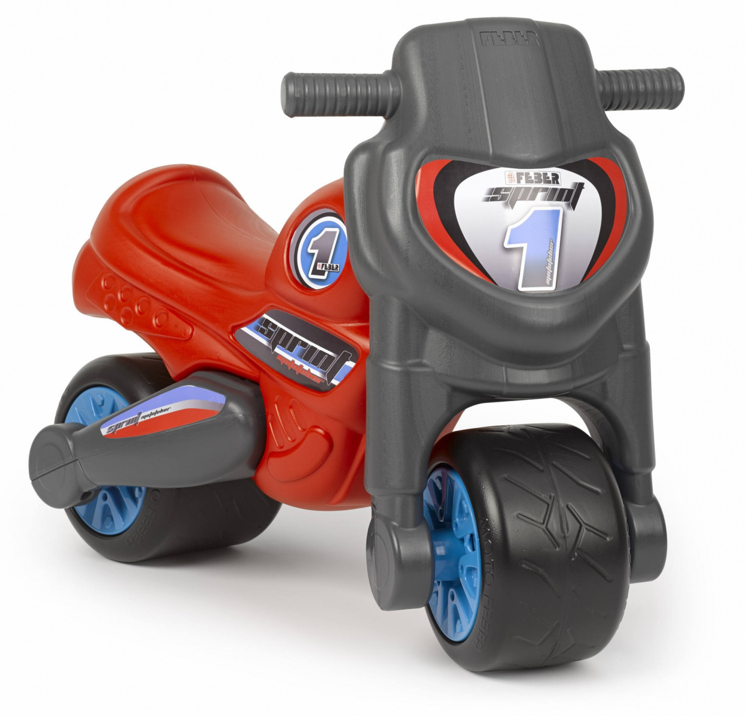 Una moto giocattolo rossa e grigia con ruote blu e il numero 1.