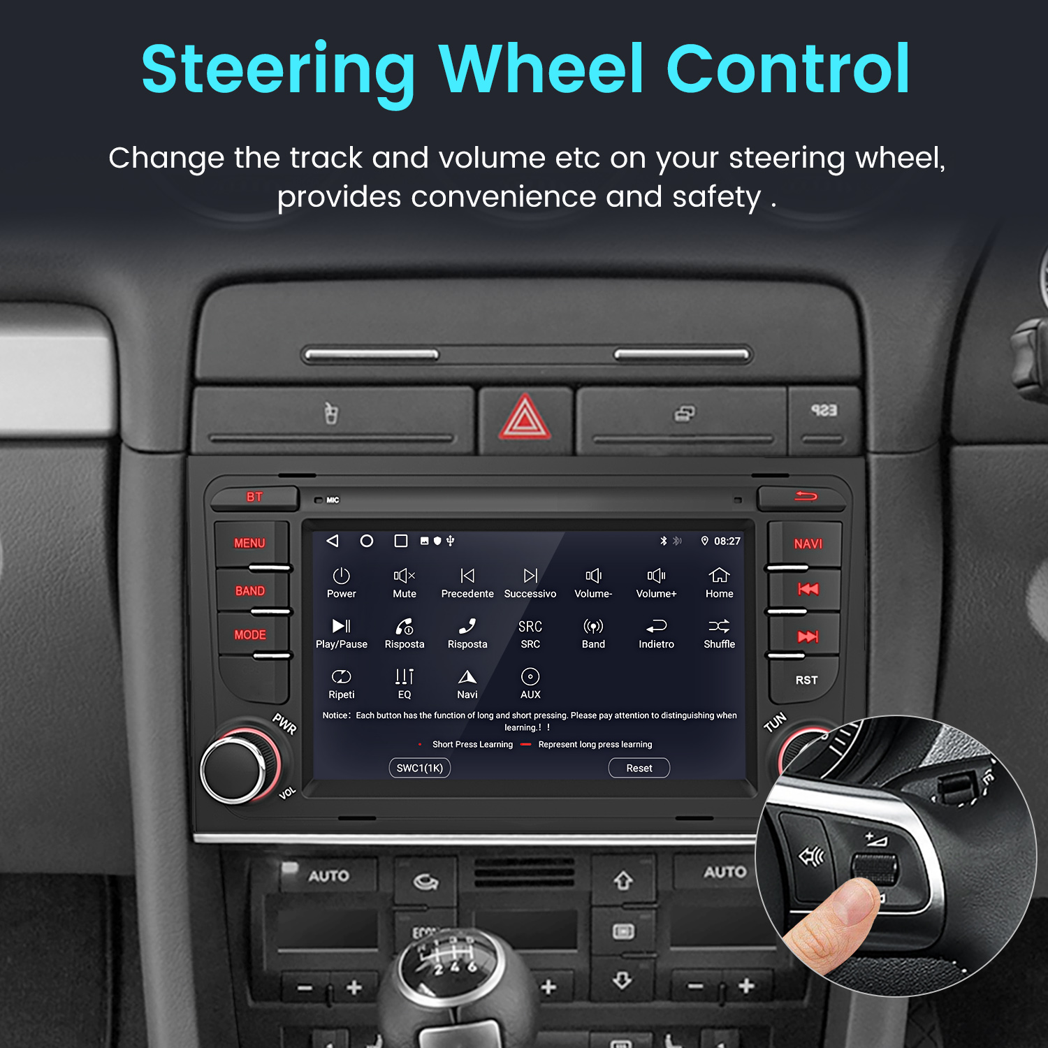 Schermo autoradio che mostra i comandi al volante con testo in inglese.