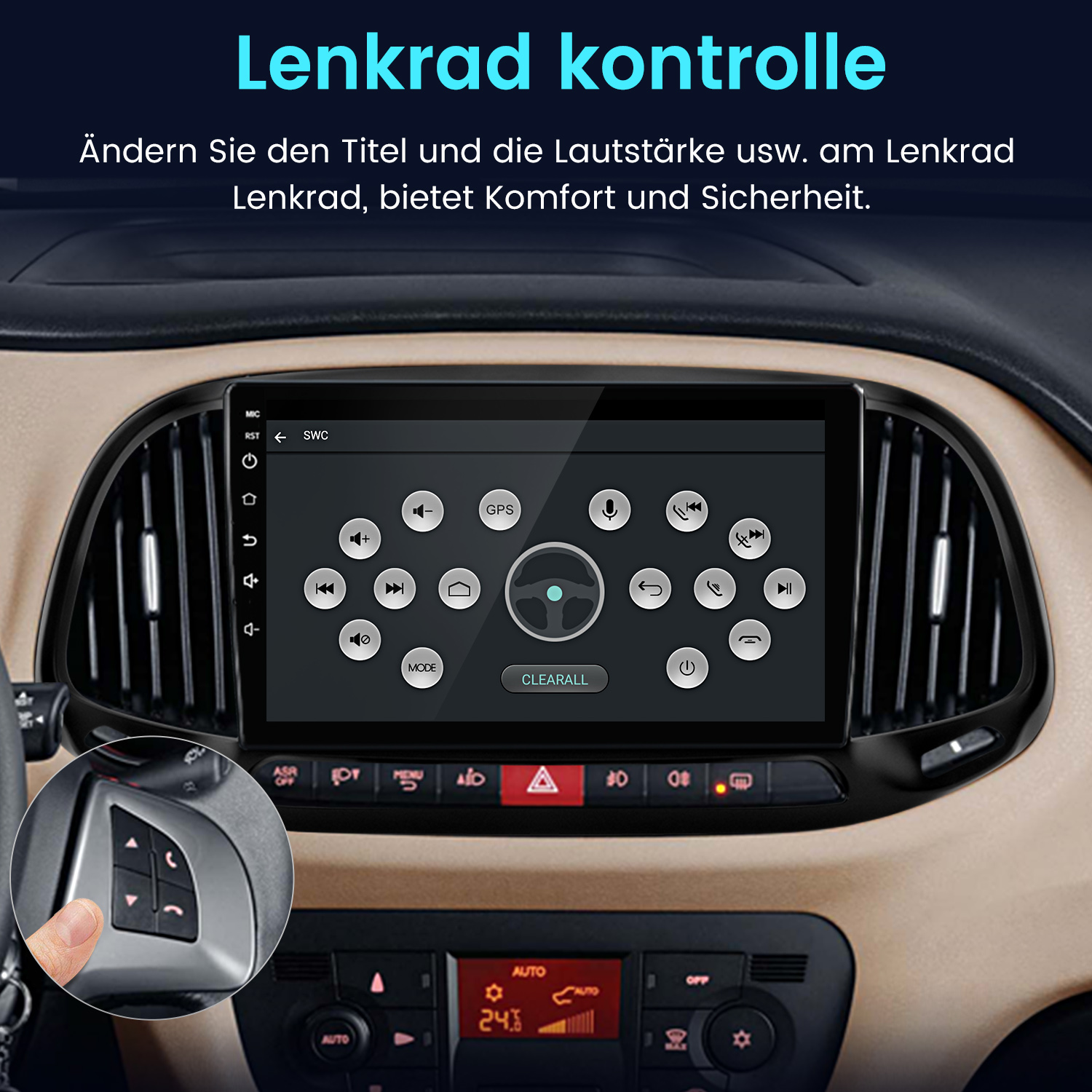 Schermo autoradio che mostra i comandi al volante con testo in tedesco.