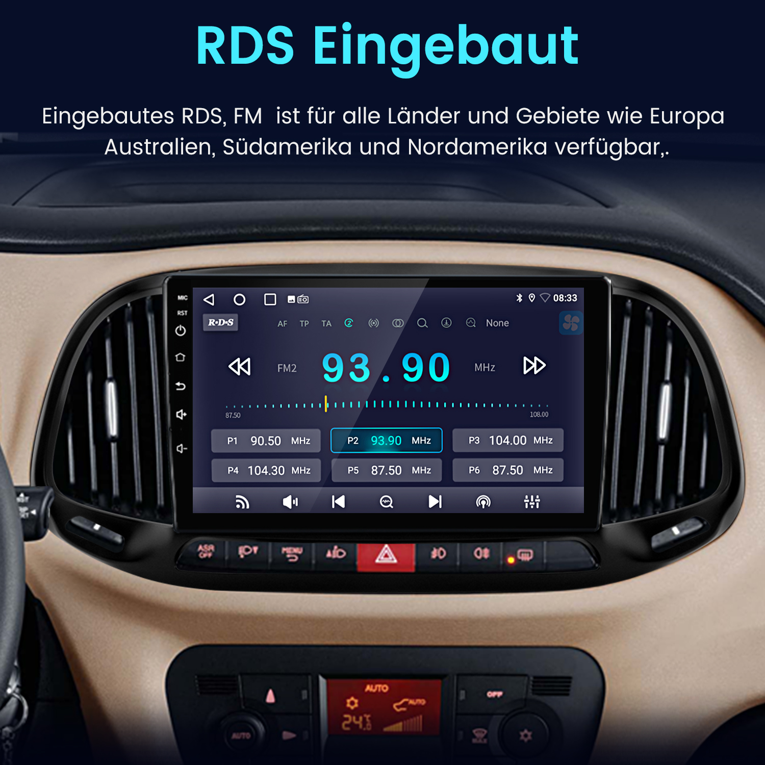 Schermo dell'autoradio che mostra informazioni radio.