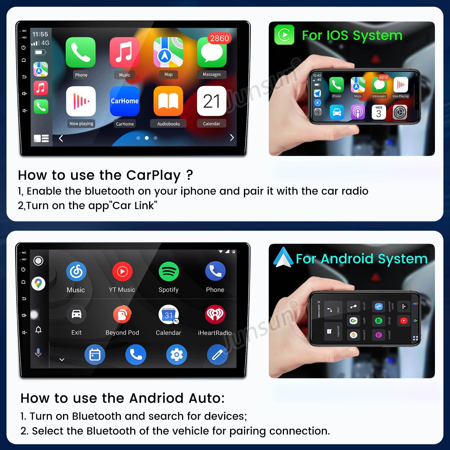 Autoradio che mostra telefono, musica e opzioni app. Istruzioni per l'uso.