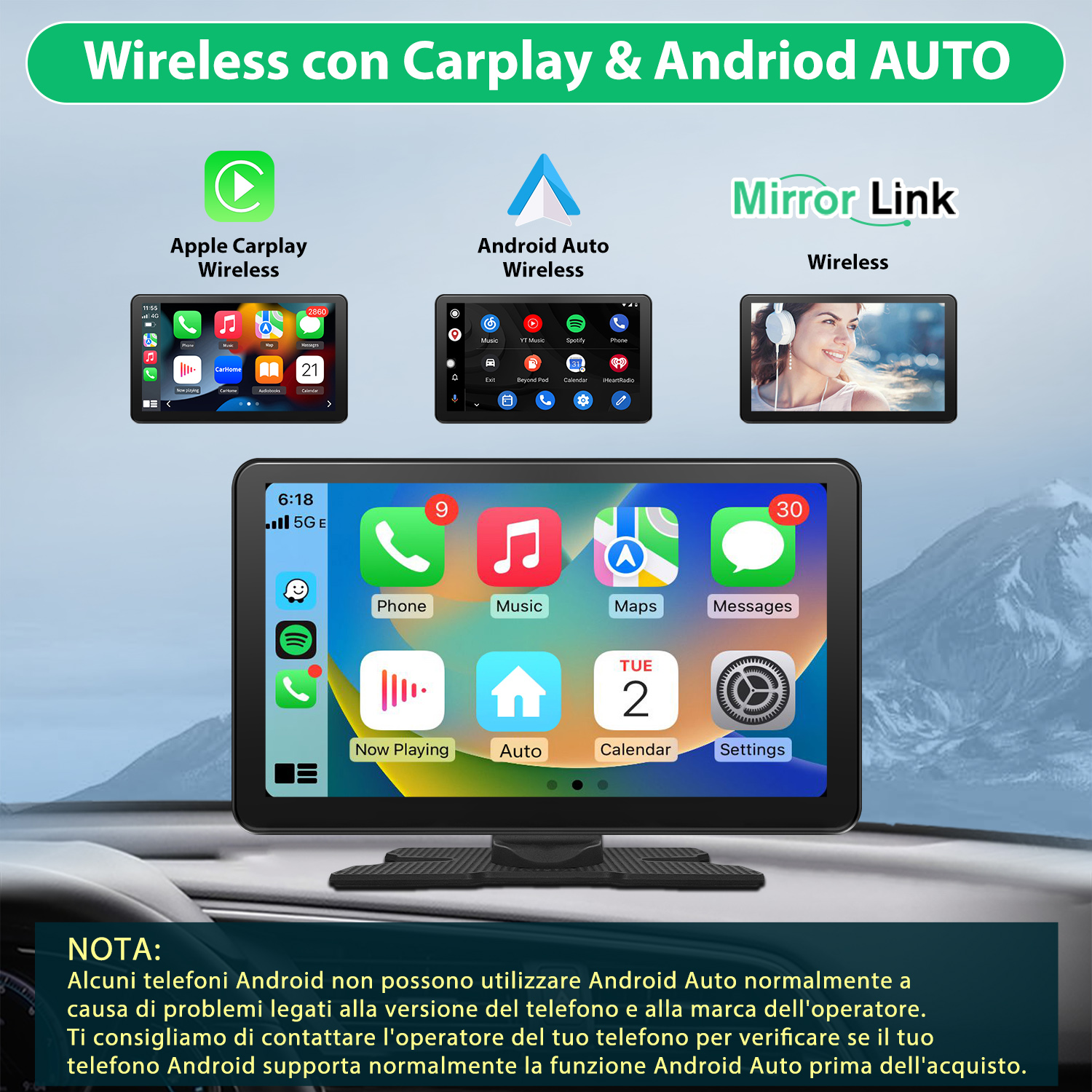 Display per auto con Apple CarPlay, Android Auto e Mirror Link. Visualizza app e interfaccia telefonica.
