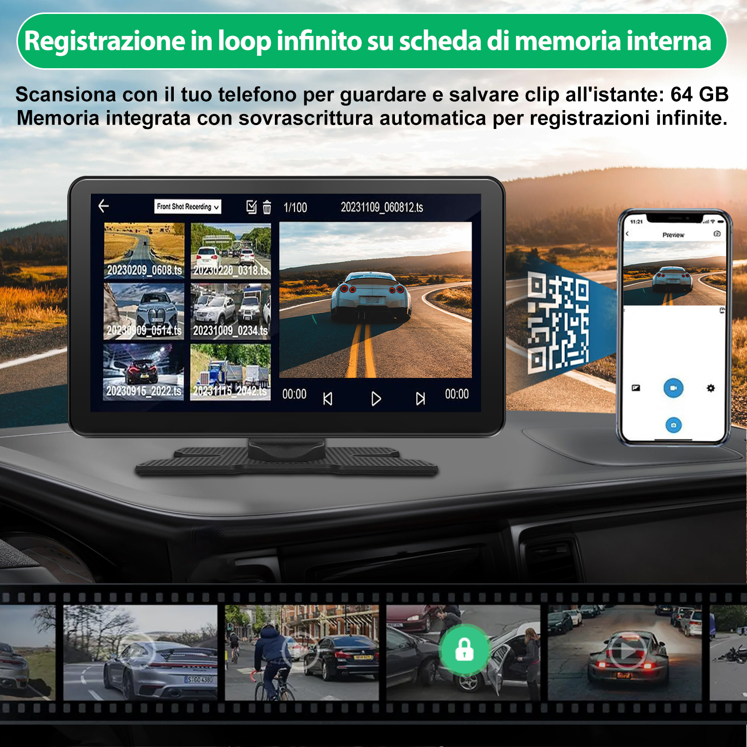 Schermo della telecamera del cruscotto dell'auto che mostra la registrazione video di una strada. Include un telefono con codice QR.