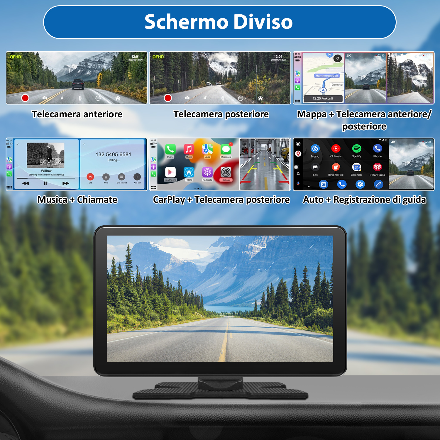 Schermo dell'autoradio che mostra diverse visualizzazioni: telecamera anteriore, posteriore, navigazione, musica e altro.