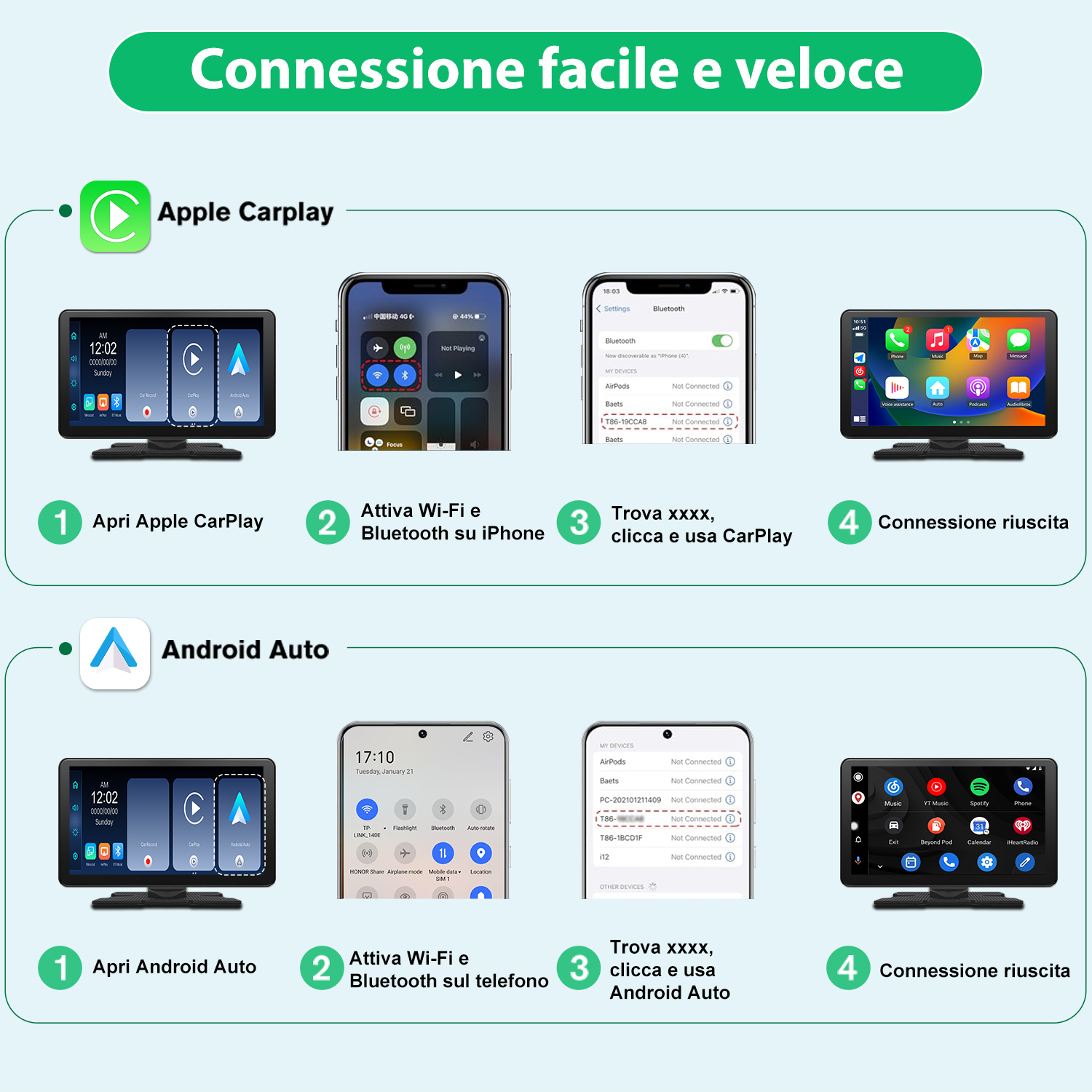 Istruzioni per connettersi ad Apple CarPlay e Android Auto. Ogni configurazione mostra i passaggi.