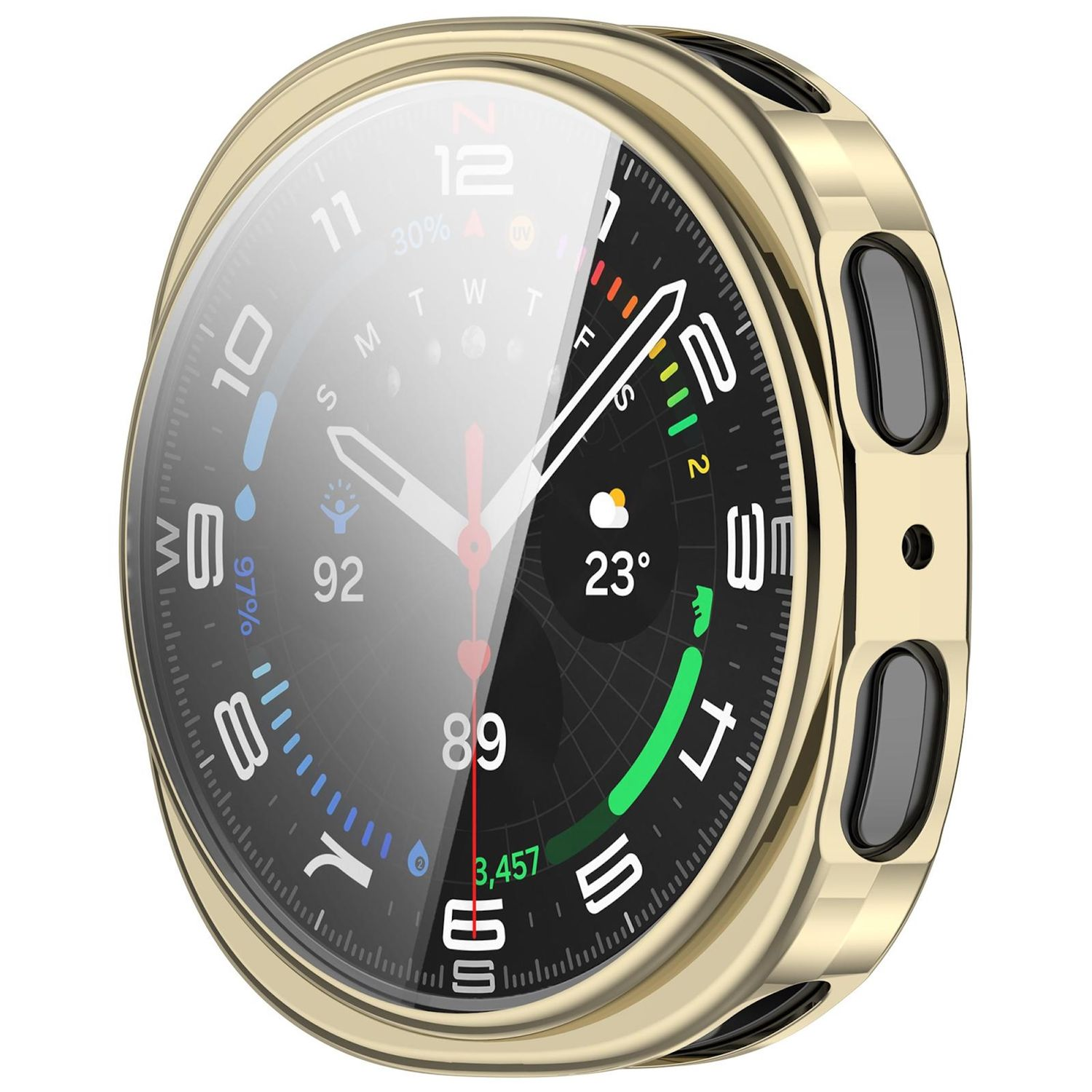 Eine goldfarbene Smartwatch mit schwarzem Armband und transparentem Displayschutz. Der Bildschirm zeigt Zeit.