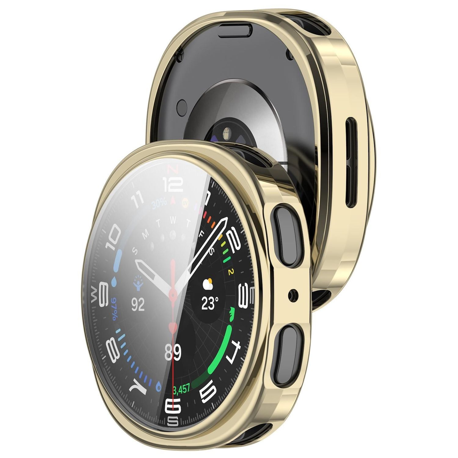 Ein goldfarbenes Uhrengehäuse, eine Smartwatch mit einem Bildschirm, der Zeit und Temperatur anzeigt.