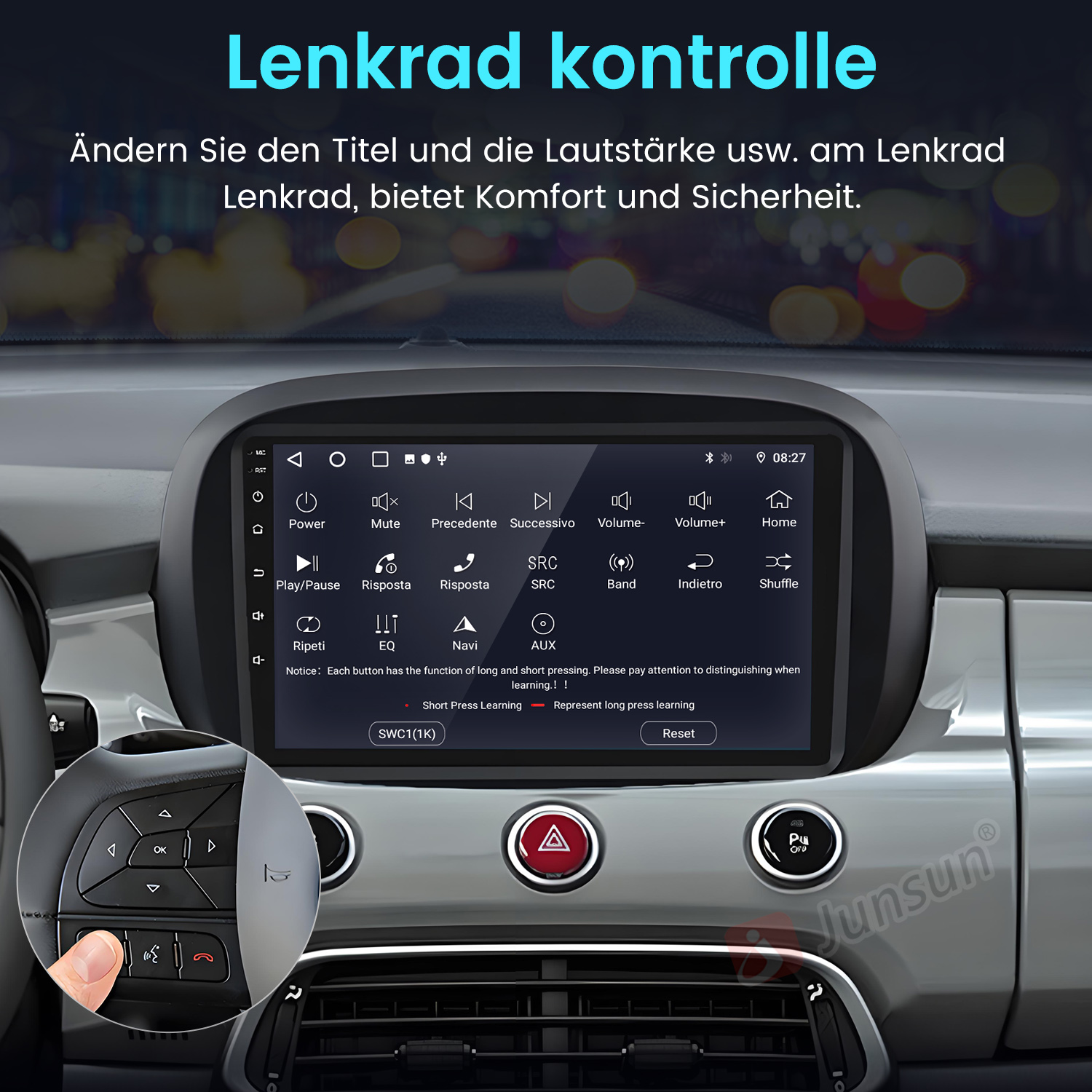 Ein Armaturenbrett mit Bildschirm, zeigt Bedienelemente für Navigation, Lautstärke und andere Einstellungen.
