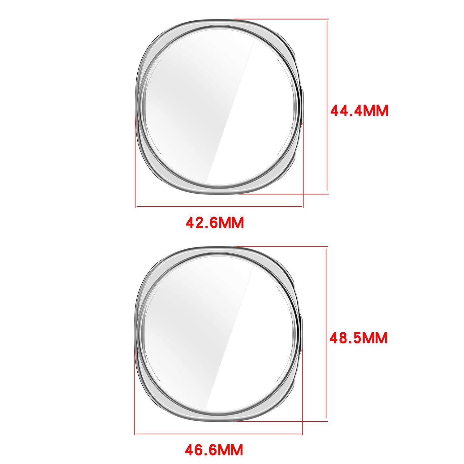 Zwei kreisförmige Zifferblätter mit Abmessungen. Das obere hat eine Abmessung von 44,4 mm und 42,6 mm.