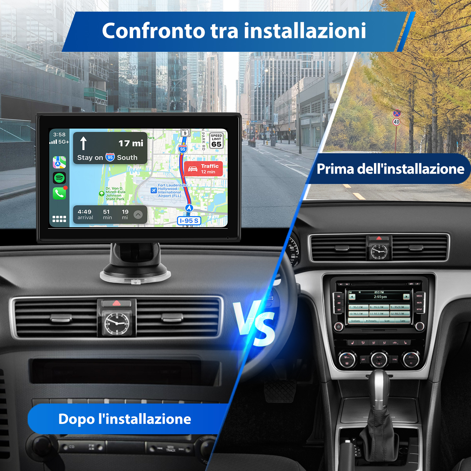 Porównanie deski rozdzielczej samochodu pokazuje przed i po instalacji ekranu nawigacji.