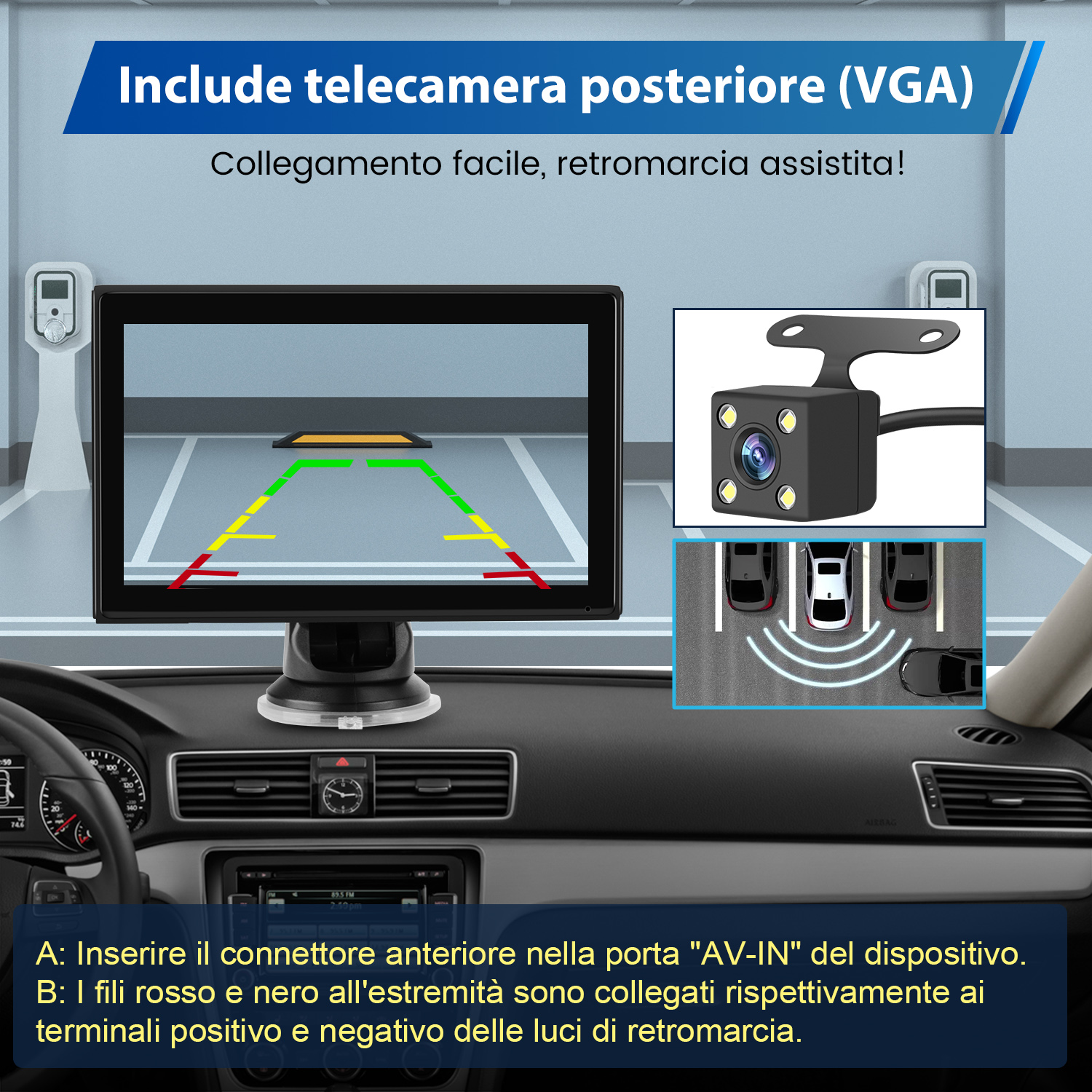 Widok wnętrza samochodu z ekranem pokazującym scenę parkowania i schemat połączeń.