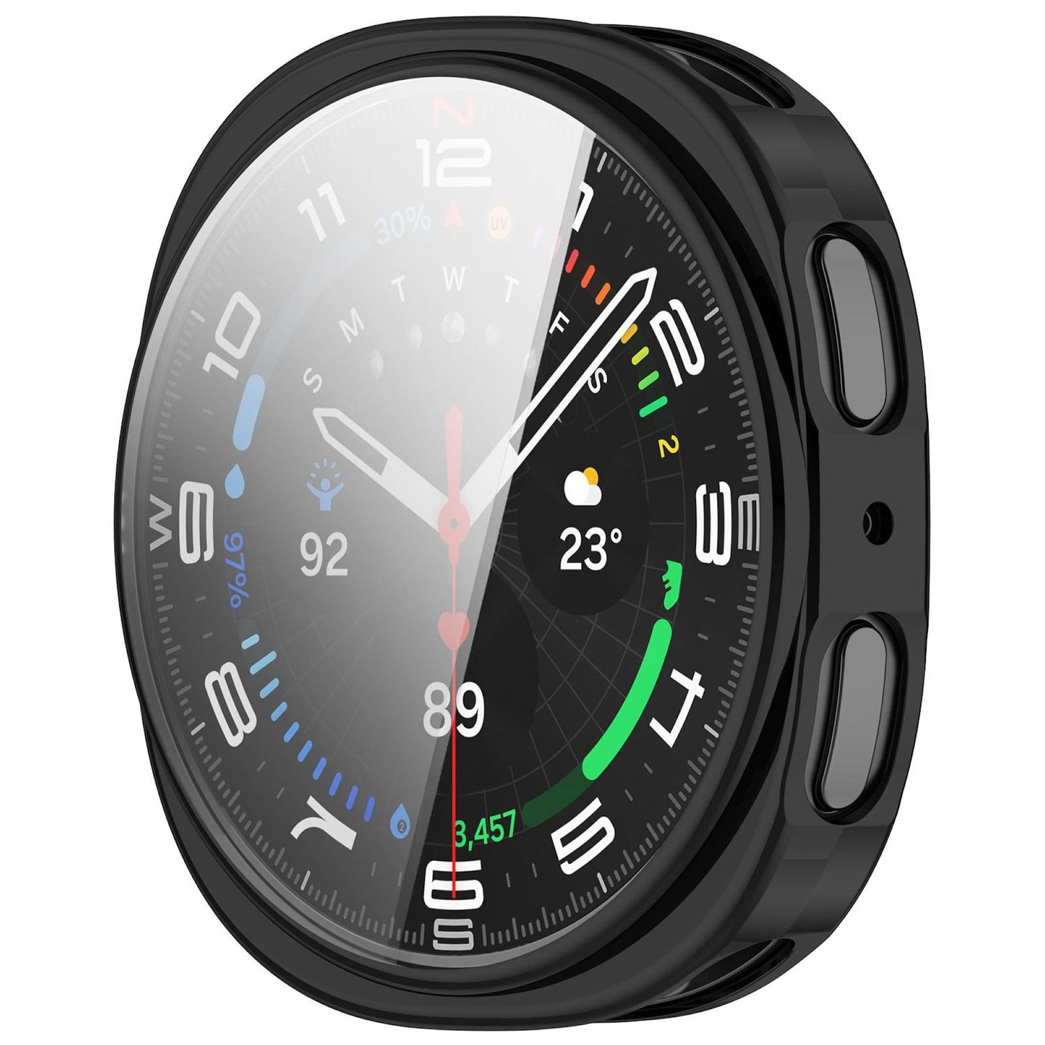 Nahaufnahme einer schwarzen Smartwatch mit einem Bildschirm, der Zeit, Wetter und andere Daten anzeigt.