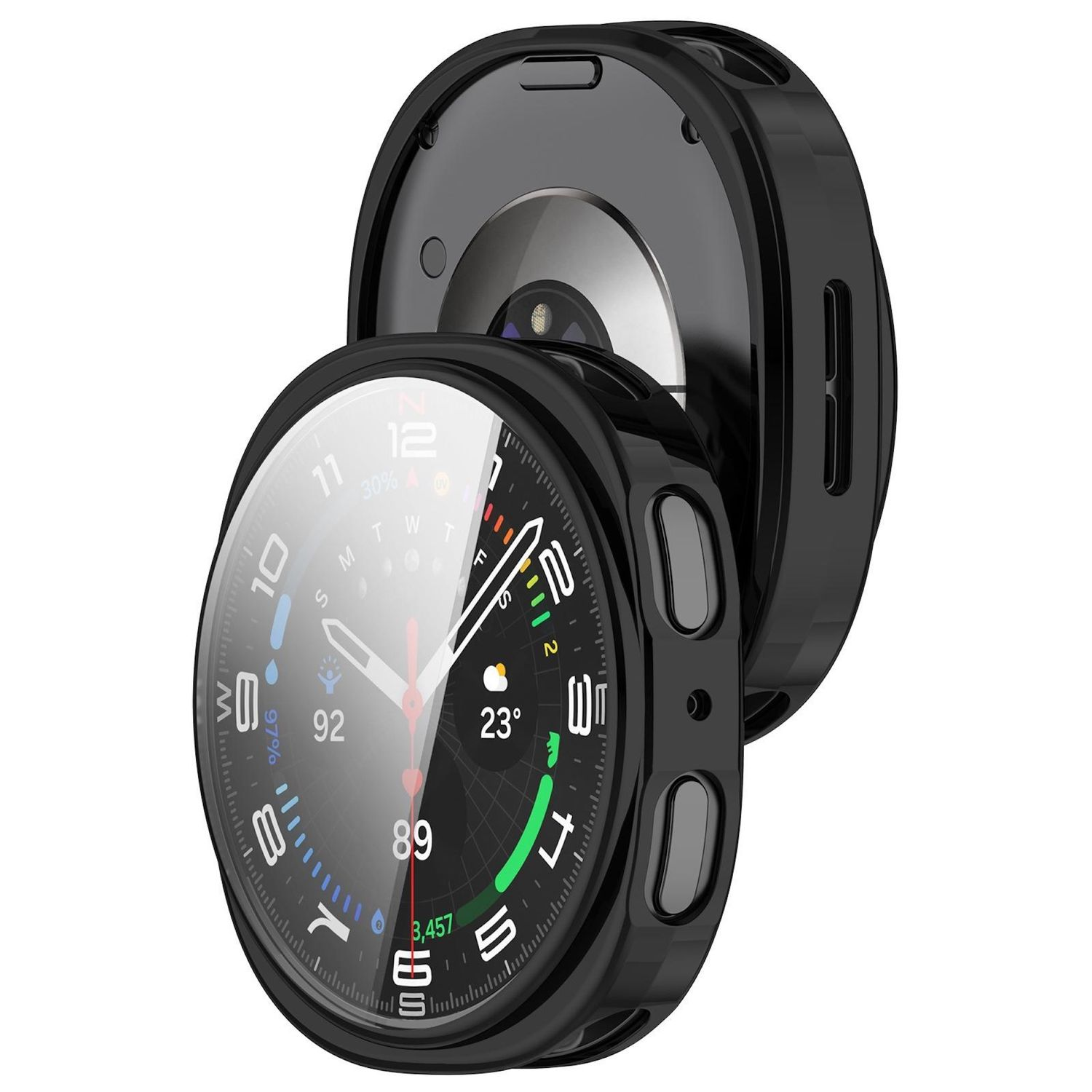 Schwarze Smartwatch mit grünem Rahmen, die die Uhrzeit anzeigt. Eine schwarze Rückseite ist ebenfalls sichtbar.