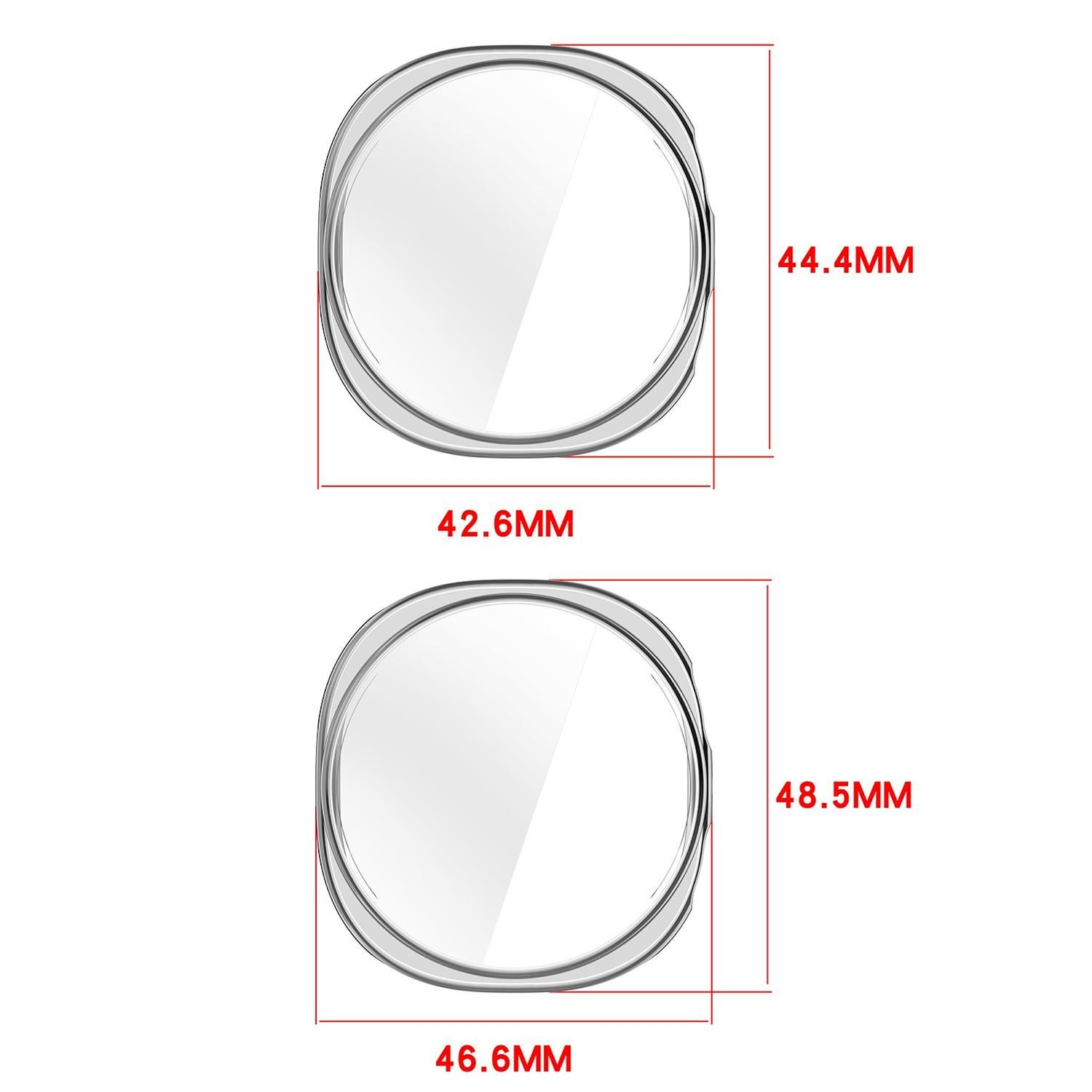 Zwei Displayschutzfolien mit Abmessungen. Oben: 44,4 mm x 42,6 mm. Unten: 48,5 mm x 46,6 mm.