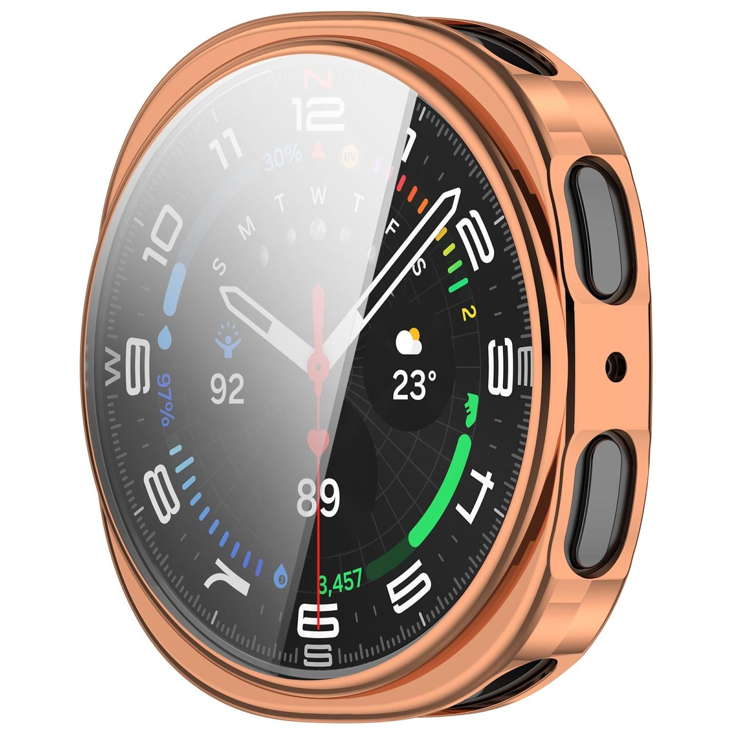 Eine Smartwatch mit roségoldfarbenem Rahmen und klarer Abdeckung, die Zeit und Metriken anzeigt.