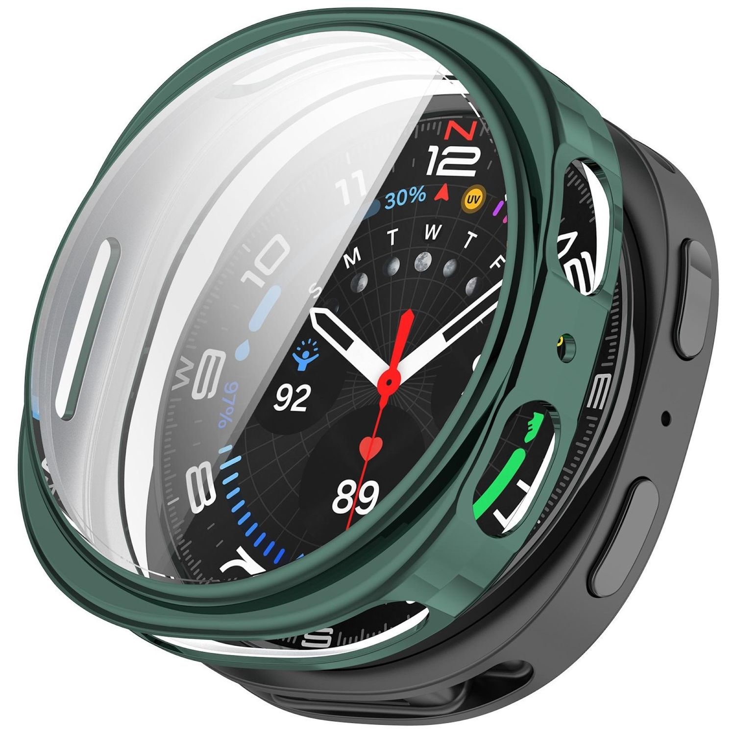 Smartwatch nero con lunetta verde, che mostra l'ora. È visibile anche un retro nero.