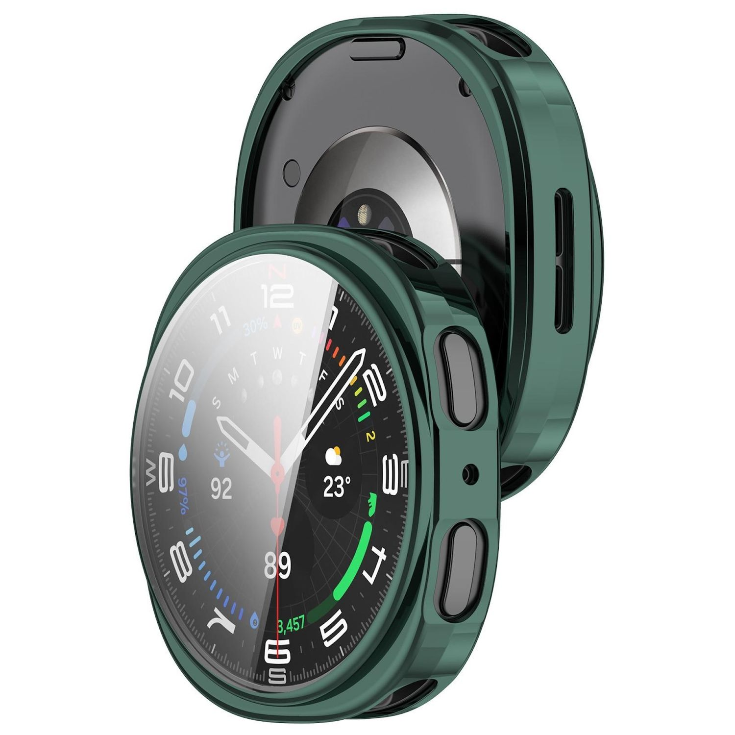 Smartwatch nero con lunetta verde, che mostra l'ora. È visibile anche un retro nero.