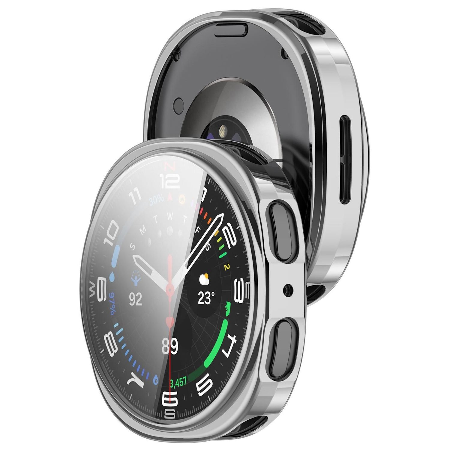 Zwei silberne Smartwatch-Hüllen, eine davon geöffnet, um das Zifferblatt freizugeben. Das Zifferblatt zeigt Zeit.
