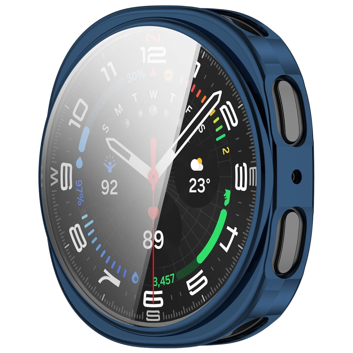 Blaue Smartwatch-Hülle mit Glasbildschirm. Das Zifferblatt zeigt Zeit und andere Informationen an.