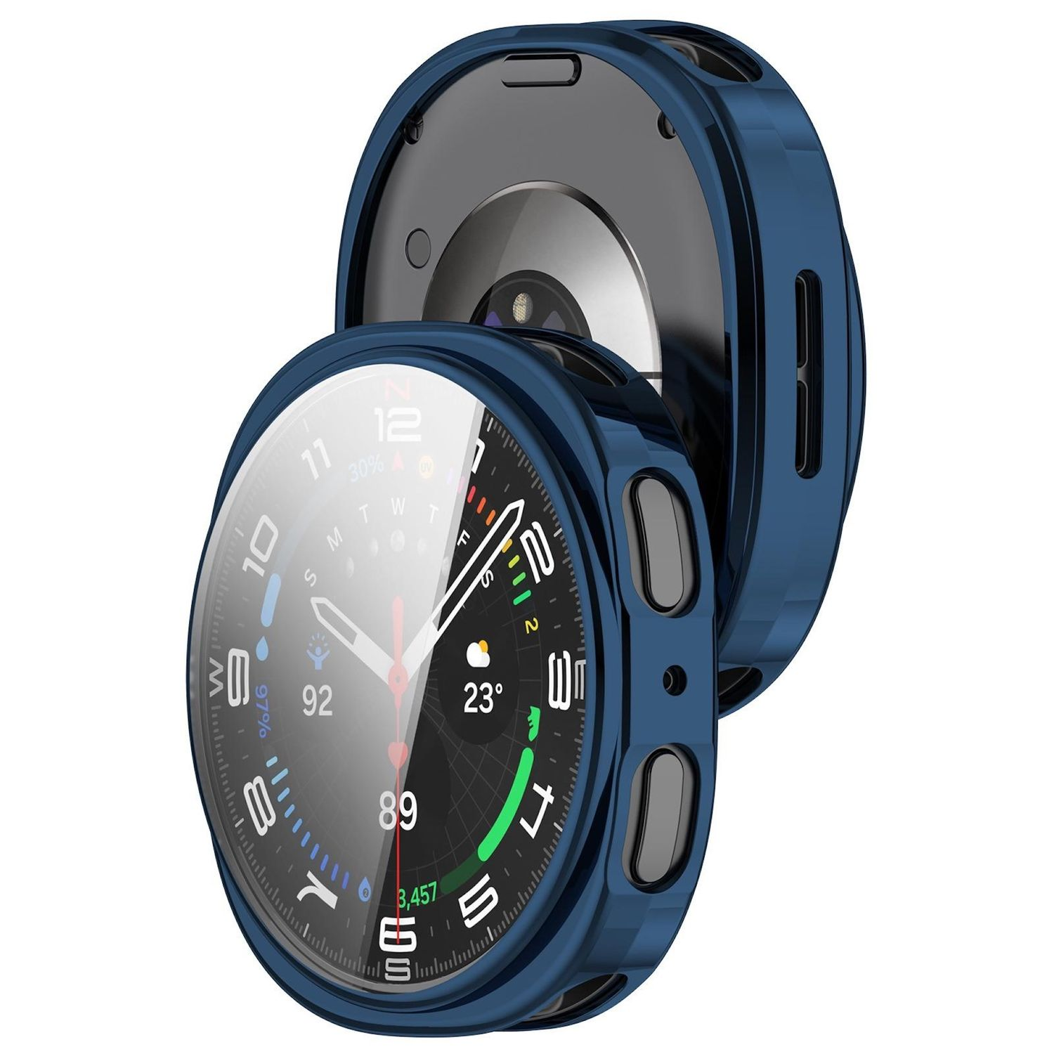 Eine blaue Smartwatch-Hülle mit Glasbildschirm. Das Zifferblatt zeigt Zeit und andere Informationen an.