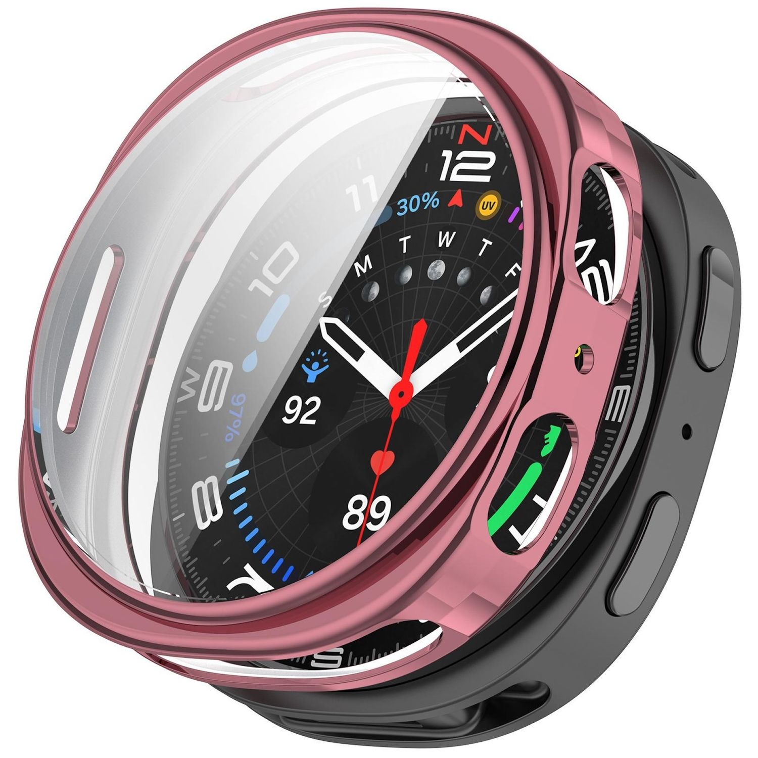 Custodia rosa per smartwatch con schermo in vetro. Il quadrante mostra l'ora e altre informazioni.