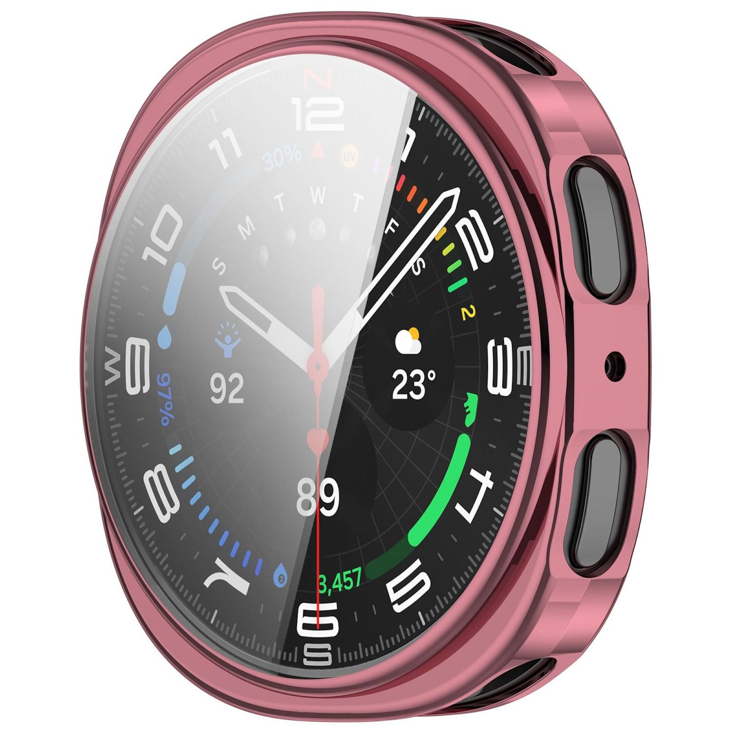 Custodia rosa antico per smartwatch con schermo in vetro. Il quadrante mostra l'ora e altre info.